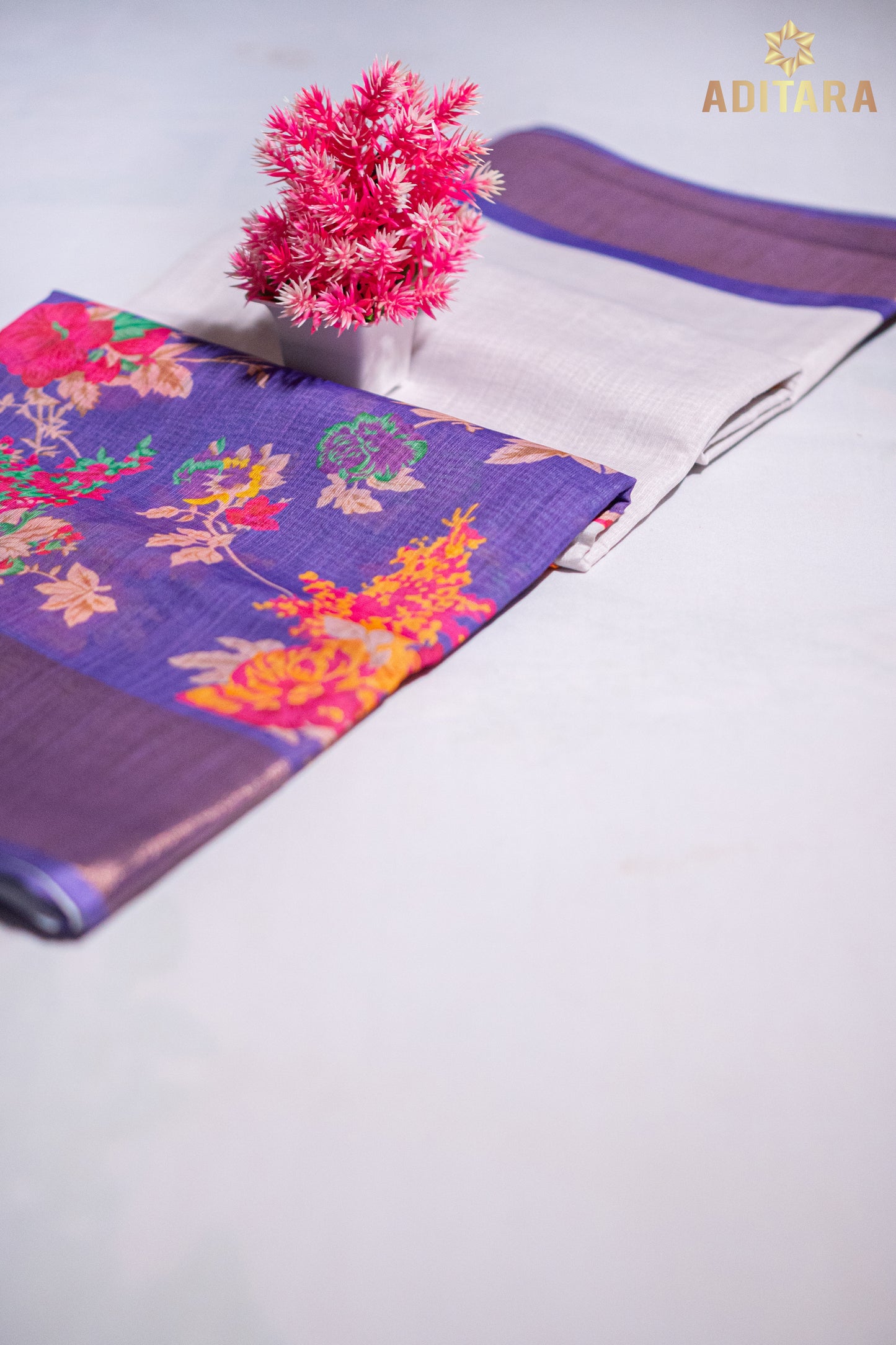 Linen Cotton Saree Ash White & Purple