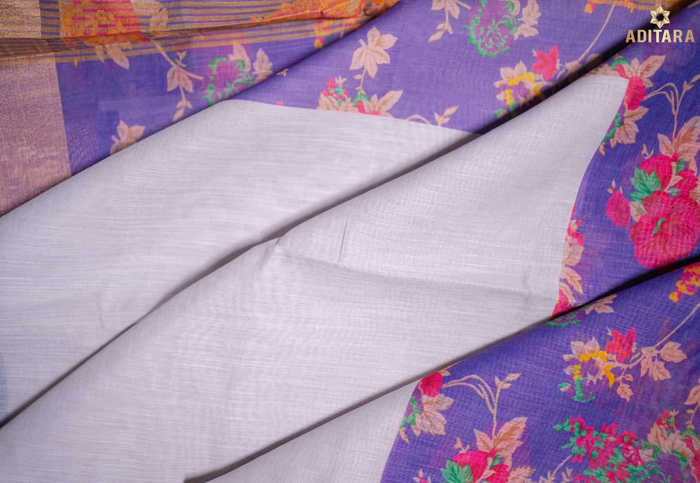 Linen Cotton Saree Ash White & Purple