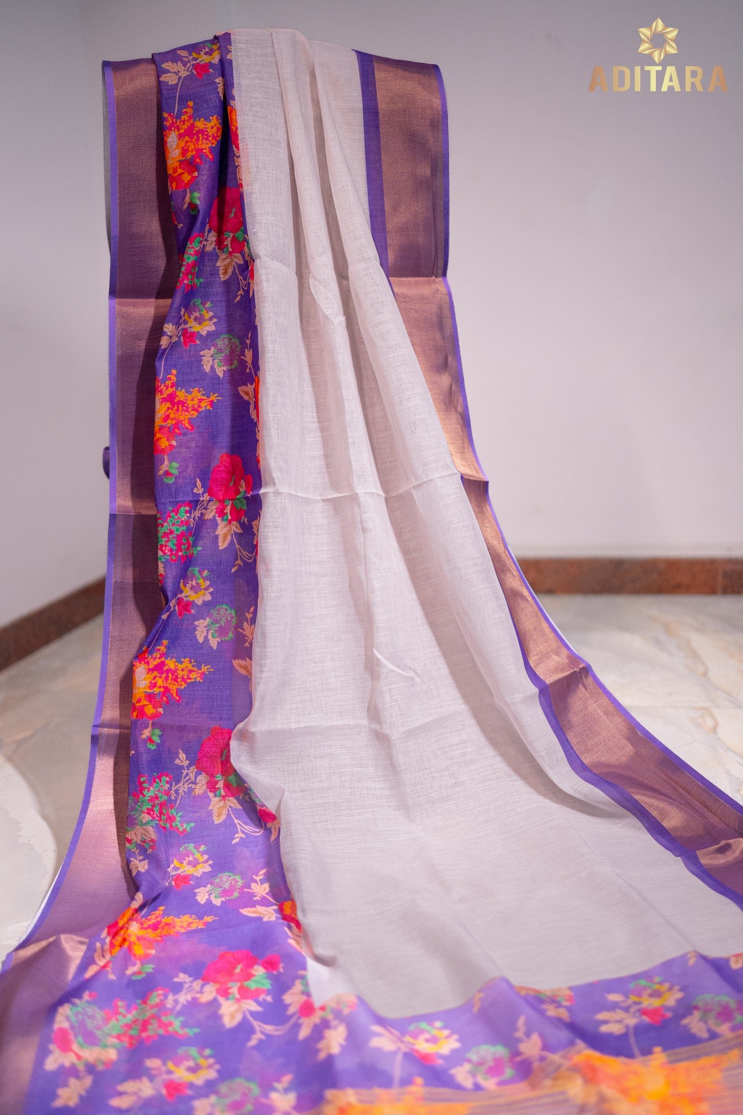 Linen Cotton Saree Ash White & Purple