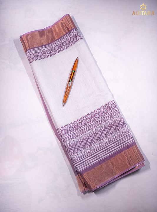Linen Cotton Pink Saree - White
