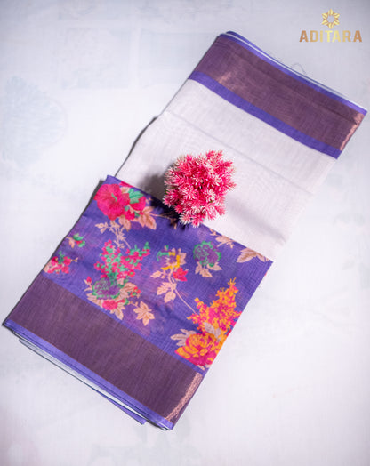 Linen Cotton Saree Ash White & Purple