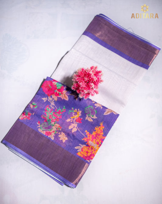 Linen Cotton Saree Ash White & Purple