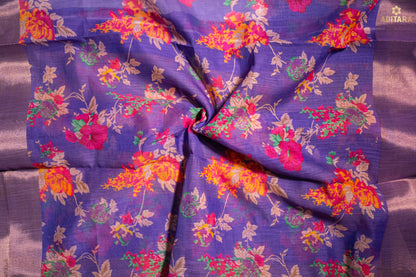 Linen Cotton Saree Ash White & Purple